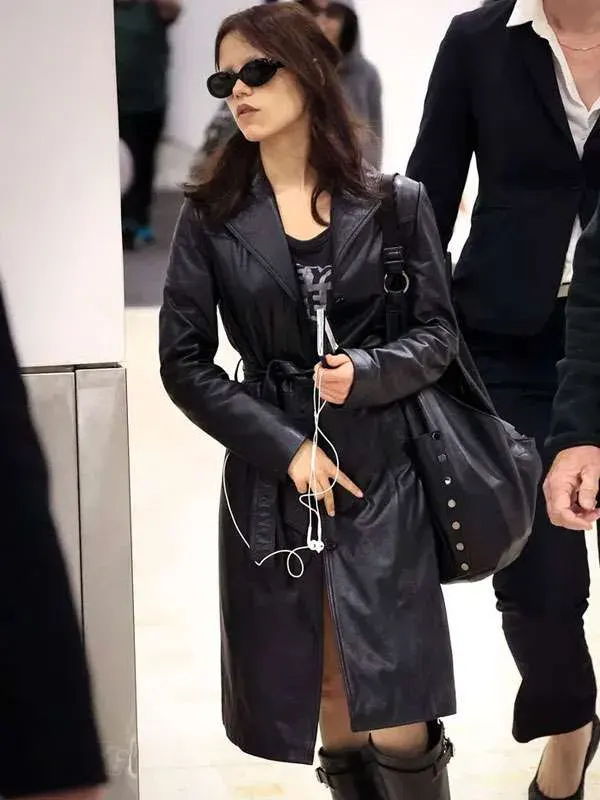 Jenna Ortega Black Leather Coat