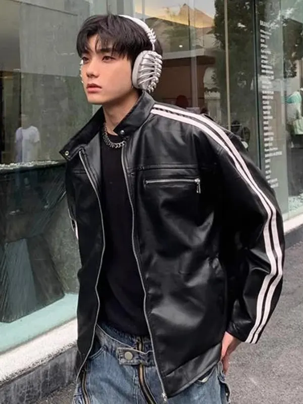 Korean Style Striped Casual Leather Jacket