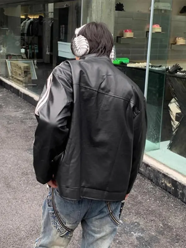 Korean Style Striped Casual PU Leather Jacket Back