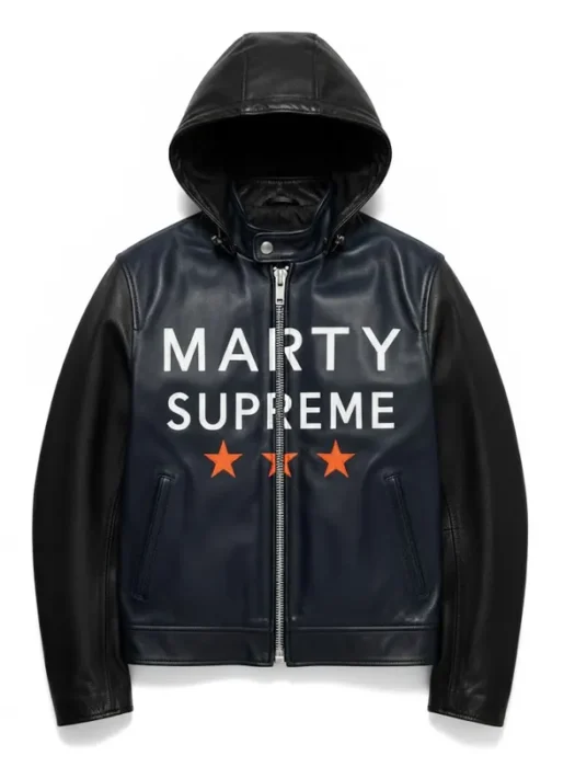 Marty Supreme Navy Hooded Leather Jacket