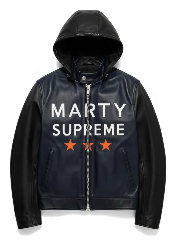 Marty Supreme Navy Hooded Leather Jacket