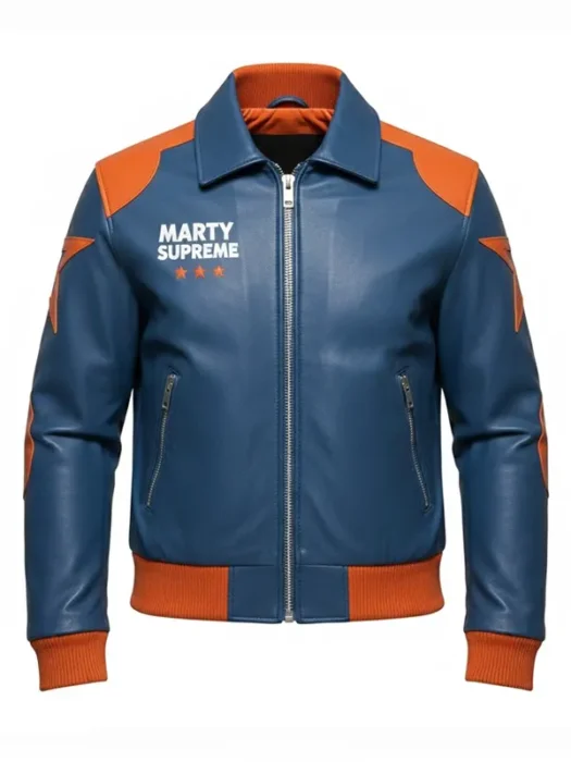 Marty Supreme Orange and Blue Leather Jacket