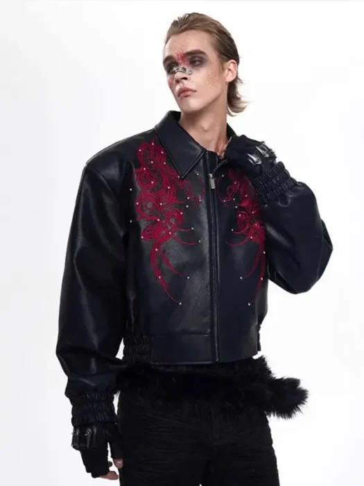 Men Premium Embroidered Patchwork Black Leather Jacket