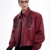 Men Premium Embroidered Patchwork Red Leather Jacket
