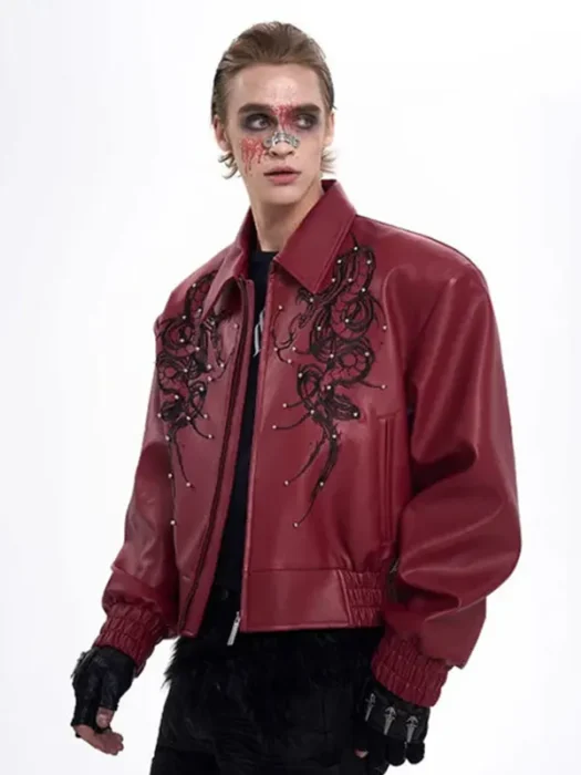 Men Premium Embroidered Patchwork Red Leather Jacket