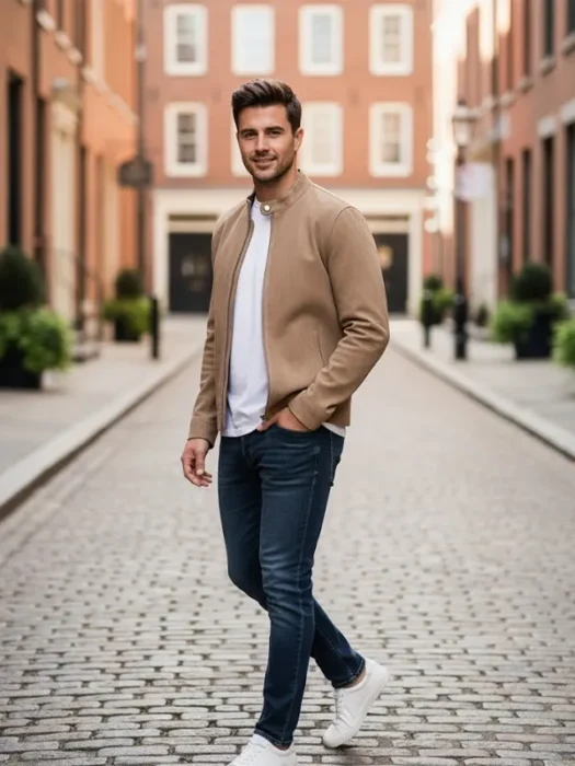 Men Racer Suede beige Leather Jacket