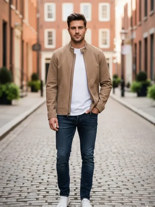 Men Racer beige Suede Leather Jacket