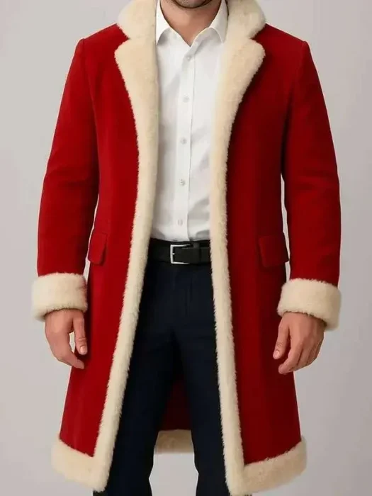 Men Red Christmas Fur Trim Coat