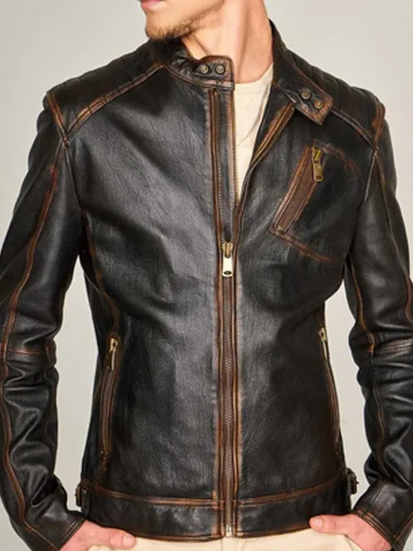 Men’s Brown Accents Black Leather Biker Jacket