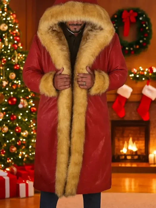 Mens Christmas Hooded Red Leather Coat
