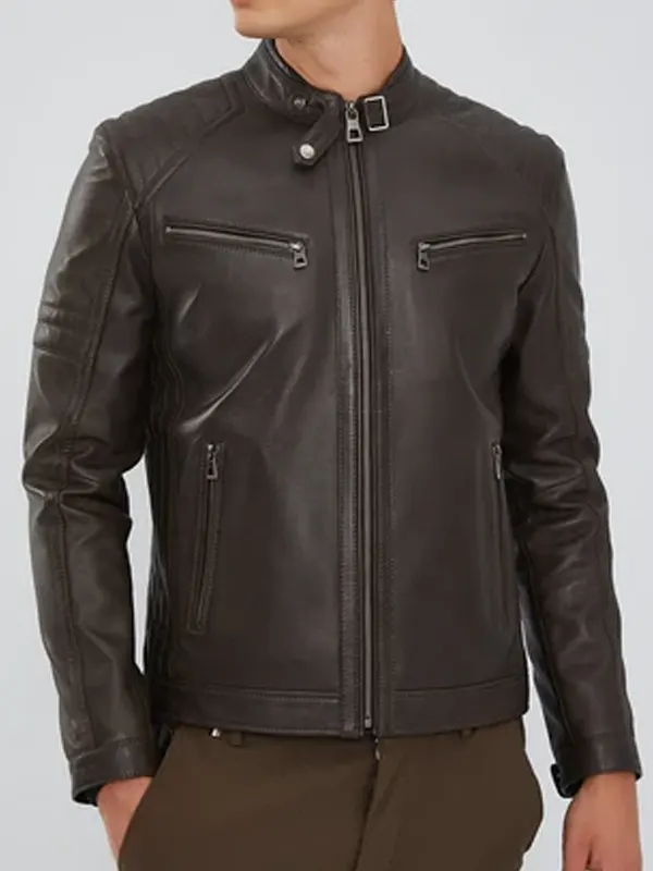 Men’s Dark Brown Zipper Leather Biker Jacket