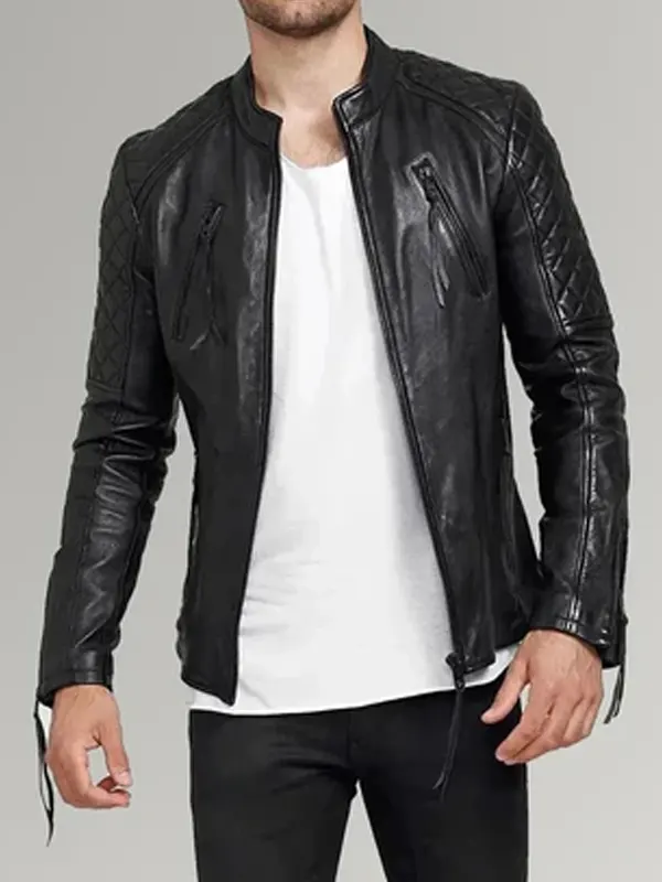 Men’s Diamond Quilted Black Leather Biker Jacket