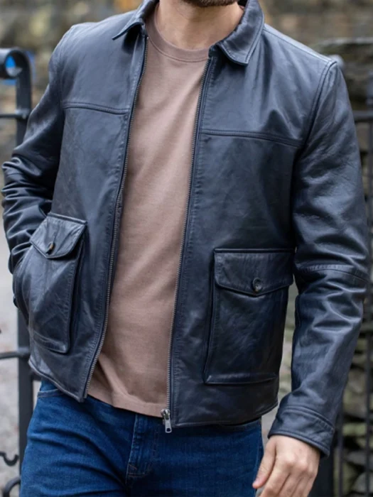 Mens Hesket Navy Leather Jacket