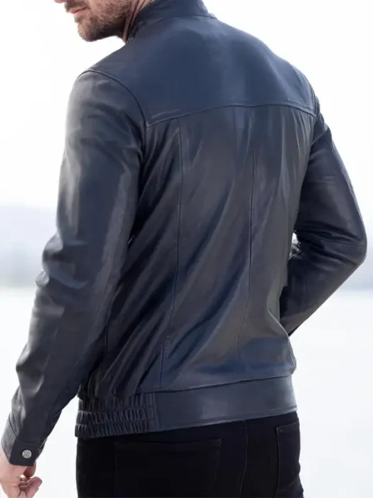 Mens Swinside Navy Leather Jacket Back