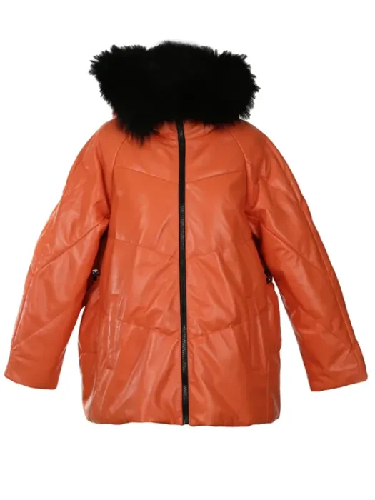 Puffer Leather Coat With Fur Hood