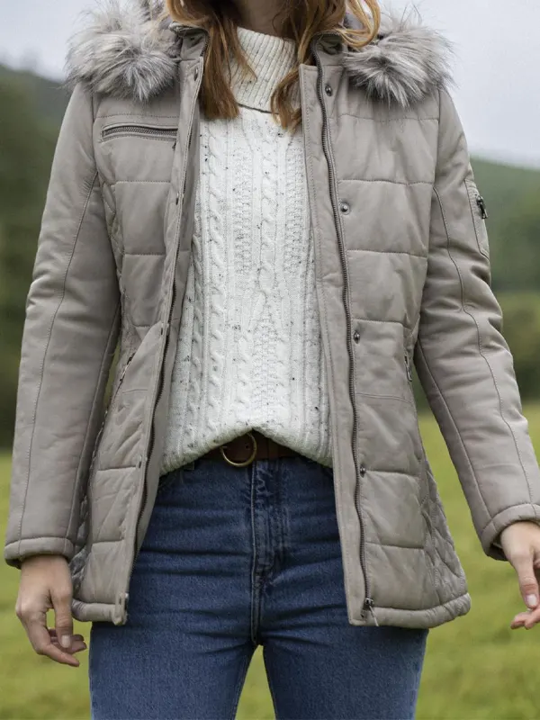 Womens Fairfield Hooded Leather BeigeCoat