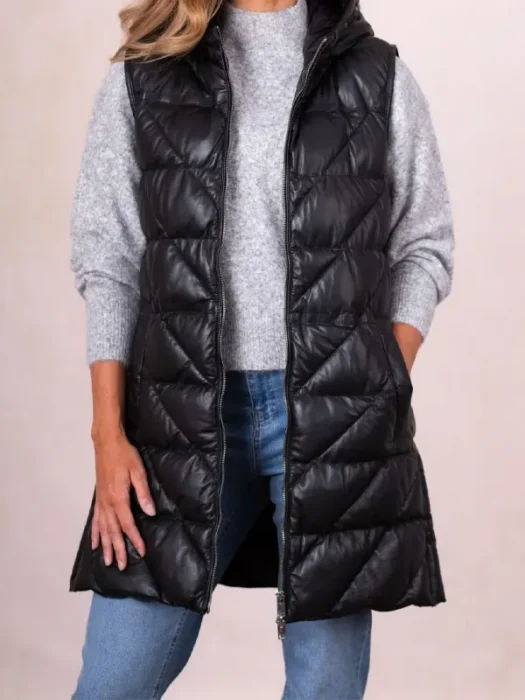 Womens Lakeside Black Hooded Leather Vest