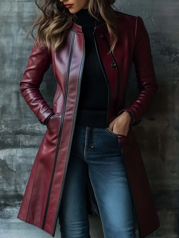 Womens Retro Maroon Leather Coat