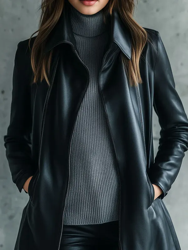 Women’s Style Black Leather Long Coat