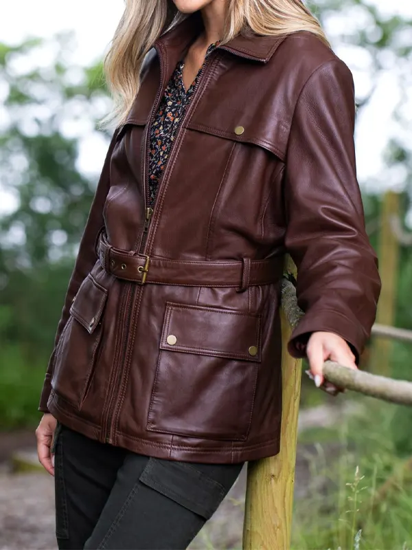Womens Temple Brown Belted Leather Coat
