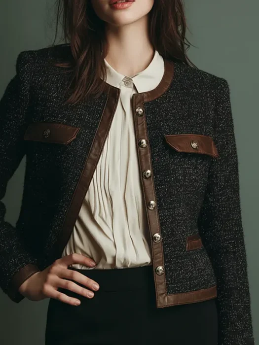 Womens Tweed Black Leather Jacket