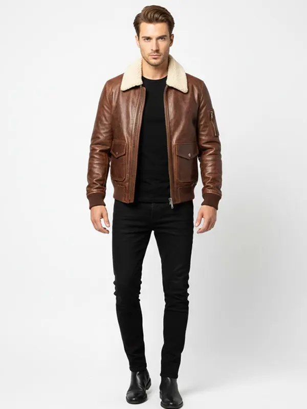 Brown Leather Bomber Jacket