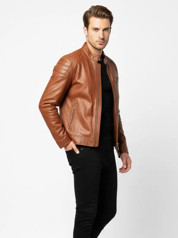 Brown Leather Cafe Racer Jacket
