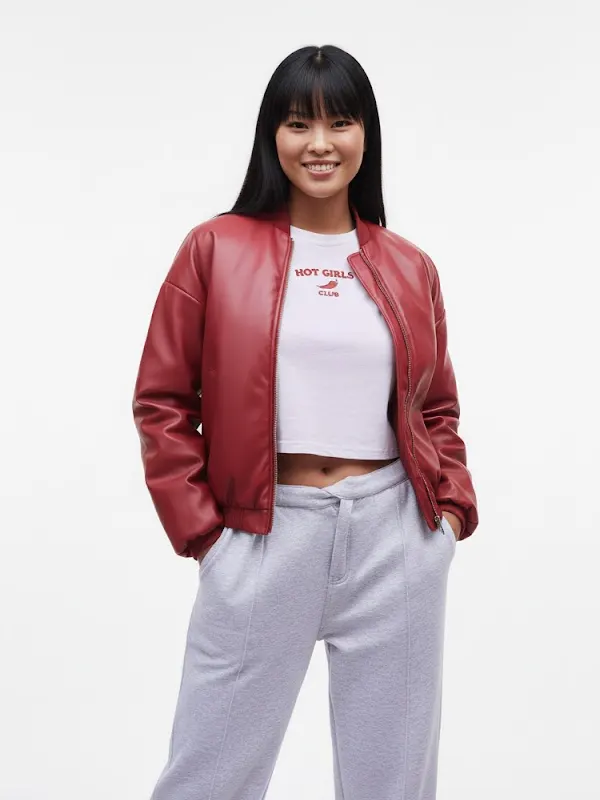 Cherry Red Faux Leather Bomber Jacket