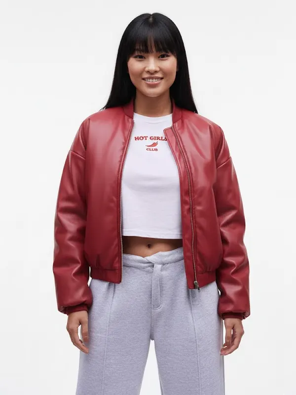Cherry Red Faux Leather Oversized Bomber Jacket
