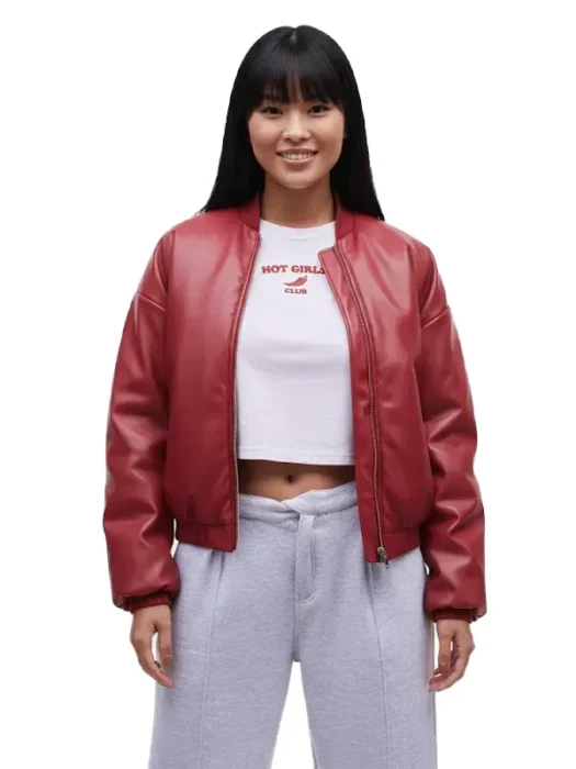 Cherry Red Oversized Faux Bomber Jacket