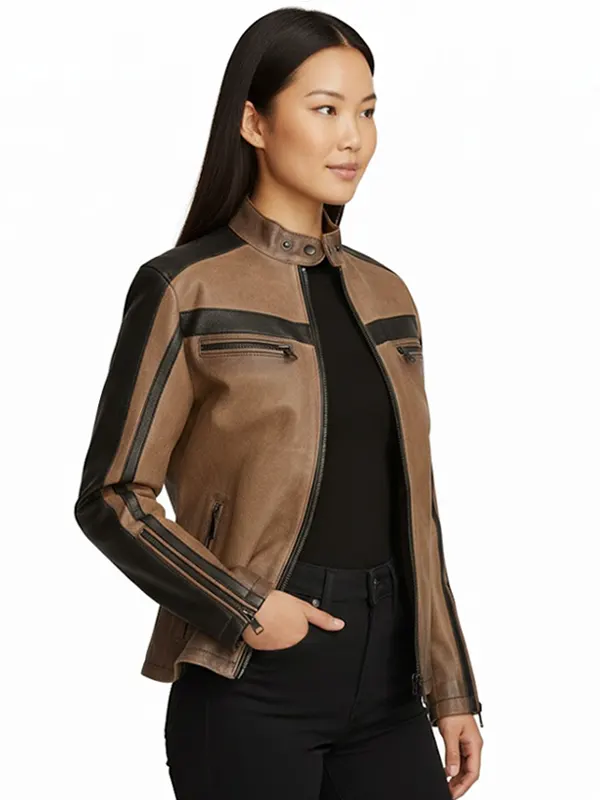 Color Block Jade Leather Racer Jacket