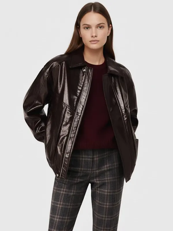 Dark Brown Leather Bomber Jacket