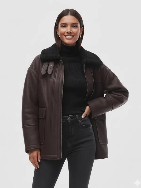 Faux Leather Borg Shearling Midi Aviator Jacket