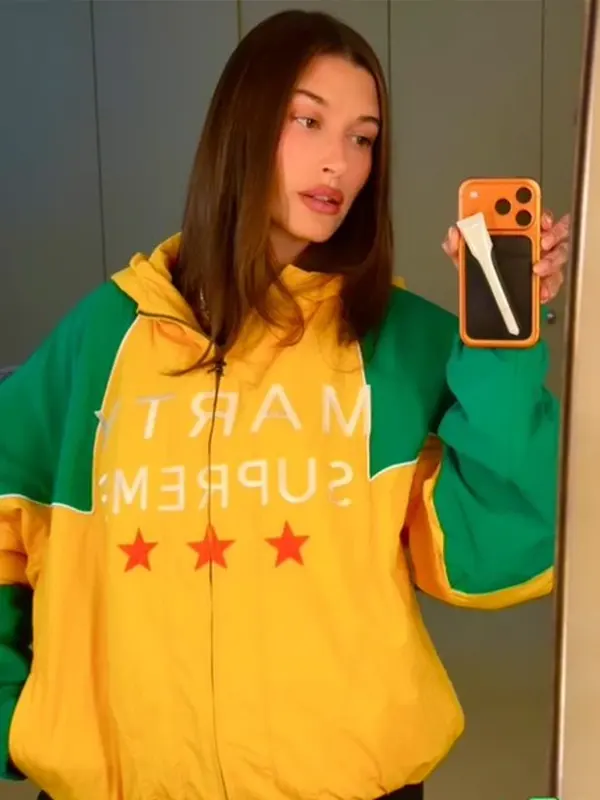 Hailey Bieber Marty Supreme Hooded Yellow And Green Jacket