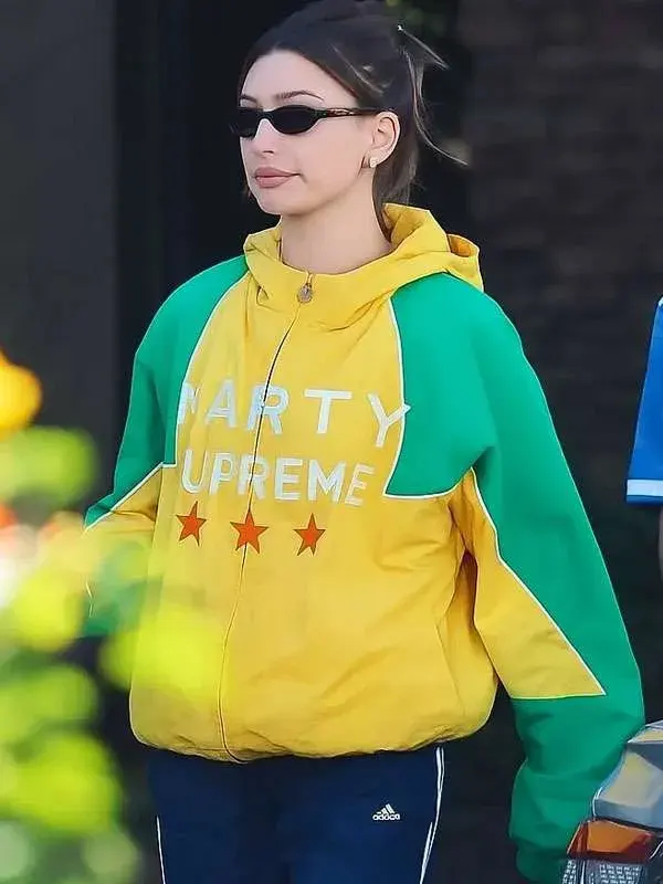 Hailey-Bieber-Marty-Supreme-Yellow-and-Green-Jacket