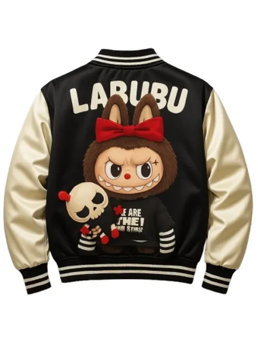 LABUBU Black Satin Bomber Varsity Jacket