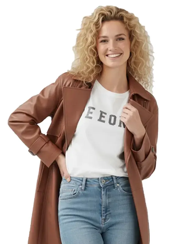 Long Faux Brown Leather Jacket with Belt – Classic Brown
