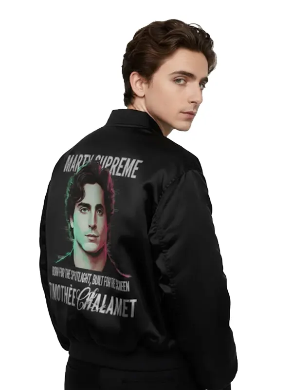 Marty Supreme Timothee Black Satin Bomber Jacket Back