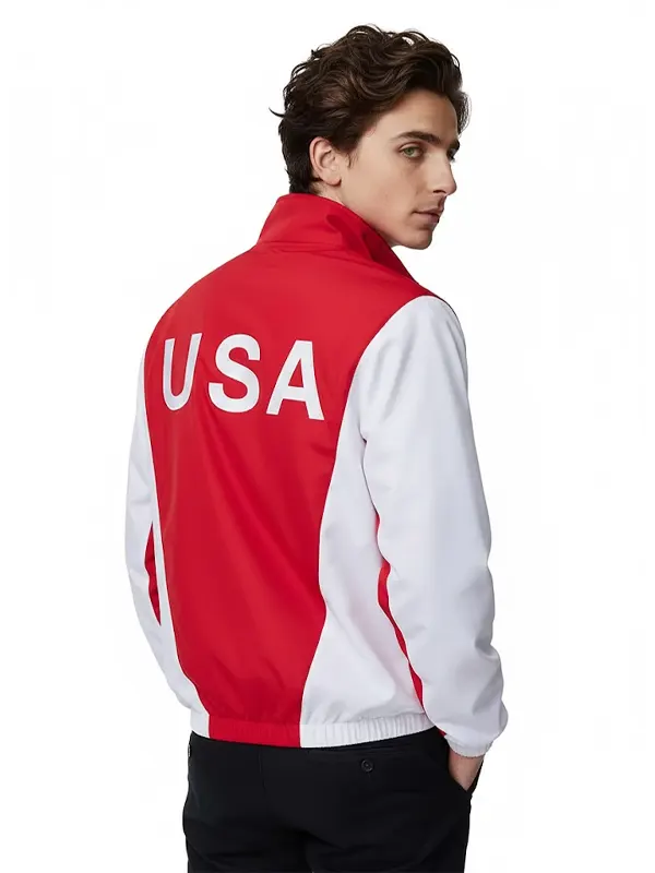 Marty Supreme Timothee Red And White Track Jacket Back