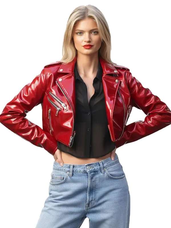 Maybelline Elle Quist Red Patent Leather Cropped Jacket