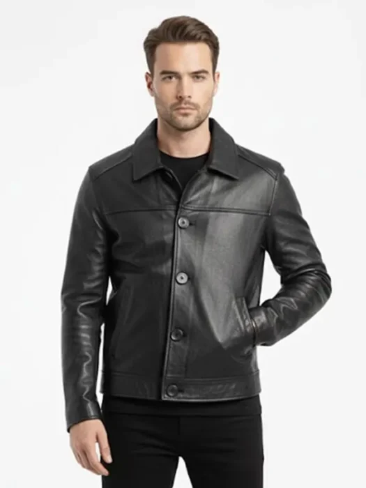 Men Button Style Black Leather Jacket