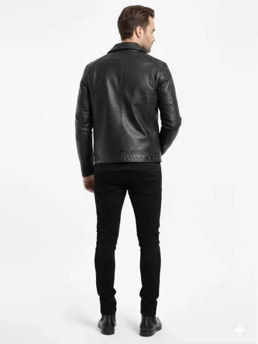 Men Button Style Black Leather Jacket Back