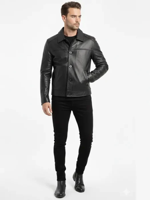 Men Stylish Button Black Leather Jacket