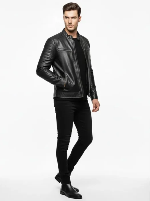 Mens Black Leather Cafe Racer Jacket