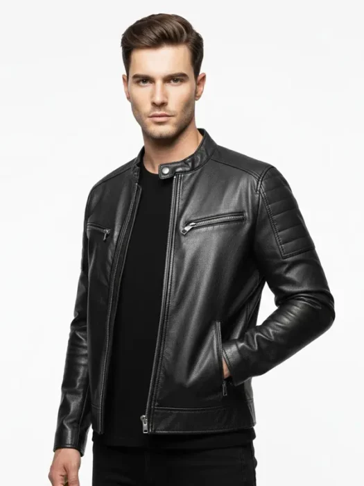 Mens Black Leather Jacket - Cafe Racer
