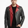 Men's Black & Red Contrast Asymmetrical Biker Leather Jacket