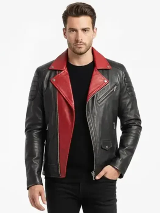 Men's Black & Red Contrast Asymmetrical Biker Leather Jacket
