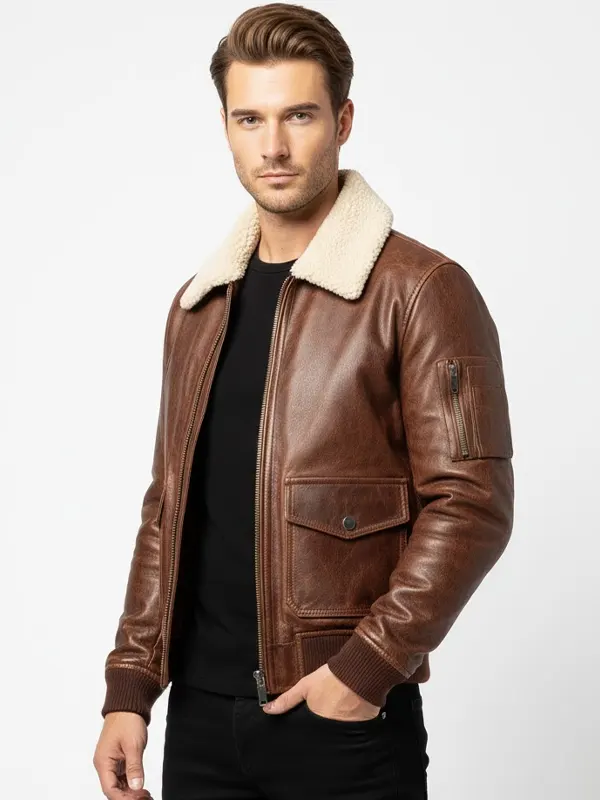 Mens Brown Leather Bomber Jacket