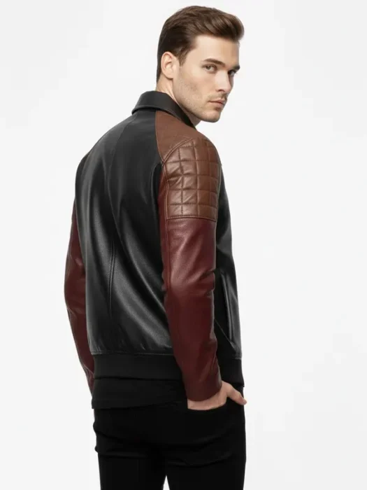 Mens Classic Black Leather Jacket with Maroon Leather Sleeves