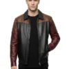 Mens Color-Block Black Bomber Leather Jacket